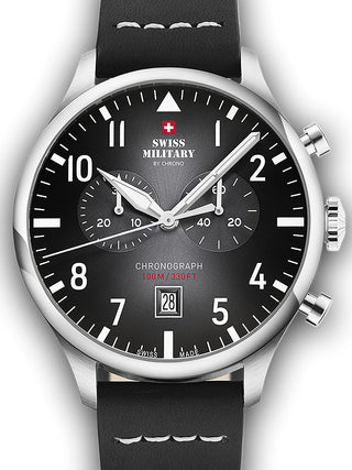 Front view of Swiss Military By Chrono Chronograph SM34098.05 Grey Dial Black Leather Unisex Watch on white background