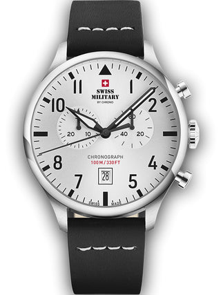 Angle shot of Swiss Military By Chrono Chronograph SM34098.06 Silver Dial Black Leather Unisex Watch on white background