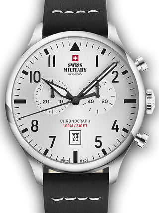 Front view of Swiss Military By Chrono Chronograph SM34098.06 Silver Dial Black Leather Unisex Watch on white background