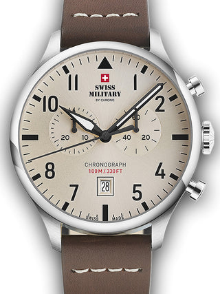 Front view of Swiss Military By Chrono Chronograph SM34098.09 Brown Leather Unisex Watch on white background