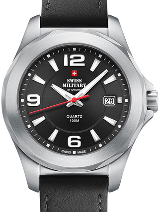 Front view of Swiss Military By Chrono SM34099.01 Black Leather Unisex Watch on white background