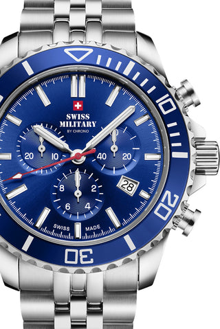 Front view of Swiss Military By Chrono Chronograph SM34103.02 Blue Dial Silver Stainless Steel Unisex Watch on white background