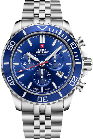 Angle shot of Swiss Military By Chrono Chronograph SM34103.02 Blue Dial Silver Stainless Steel Unisex Watch on white background