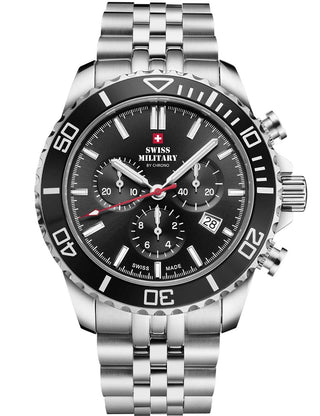 Angle shot of Swiss Military By Chrono Chronograph SM34103.01 Black Dial Silver Stainless Steel Unisex Watch on white background