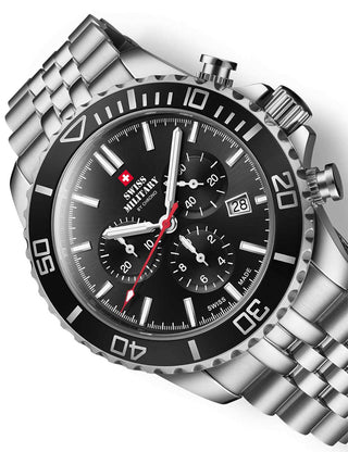 Angle shot of Swiss Military By Chrono Chronograph SM34103.01 Black Dial Silver Stainless Steel Unisex Watch on white background