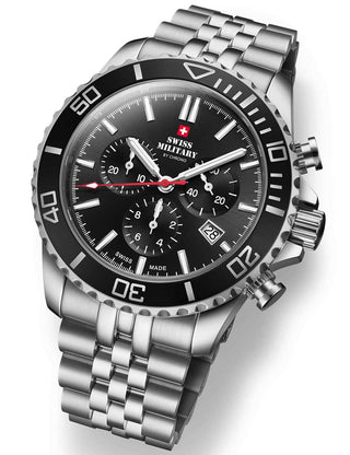 Angle shot of Swiss Military By Chrono Chronograph SM34103.01 Black Dial Silver Stainless Steel Unisex Watch on white background