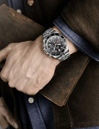 Angle shot of Swiss Military By Chrono Chronograph SM34103.01 Black Dial Silver Stainless Steel Unisex Watch on white background