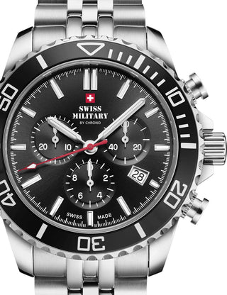 Front view of Swiss Military By Chrono Chronograph SM34103.01 Black Dial Silver Stainless Steel Unisex Watch on white background