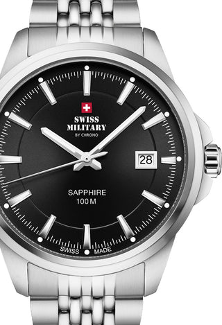 Front view of Swiss Military By Chrono SM34104.01 Black Dial Silver Stainless Steel Unisex Watch on white background