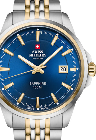 Front view of Swiss Military By Chrono SM34104.05 Blue Dial Gold Stainless Steel Unisex Watch on white background