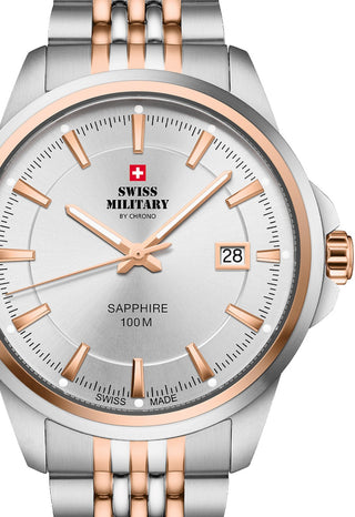 Front view of Swiss Military By Chrono SM34104.07 Silver Dial Rose Gold Stainless Steel Unisex Watch on white background
