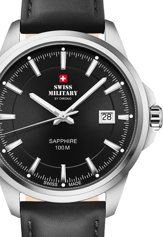 Front view of Swiss Military By Chrono SM34104.08 Black Dial Silver Stainless Steel Unisex Watch on white background
