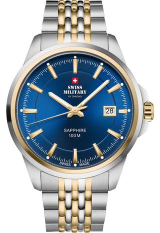 Angle shot of Swiss Military By Chrono SM34104.05 Blue Dial Gold Stainless Steel Unisex Watch on white background