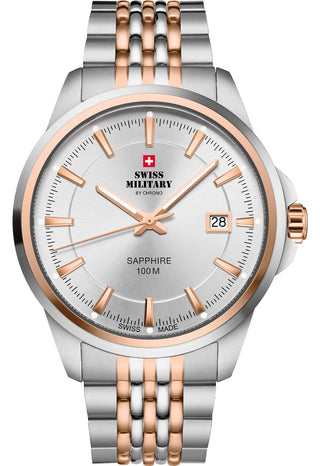 Angle shot of Swiss Military By Chrono SM34104.07 Silver Dial Rose Gold Stainless Steel Unisex Watch on white background
