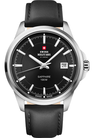 Angle shot of Swiss Military By Chrono SM34104.08 Black Dial Silver Stainless Steel Unisex Watch on white background