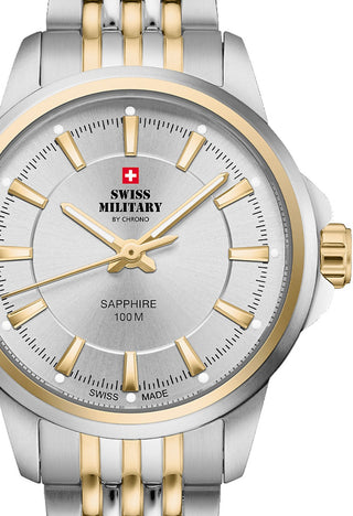 Front view of Swiss Military By Chrono SM34105.04 Silver Dial Gold Stainless Steel Womens Watch on white background