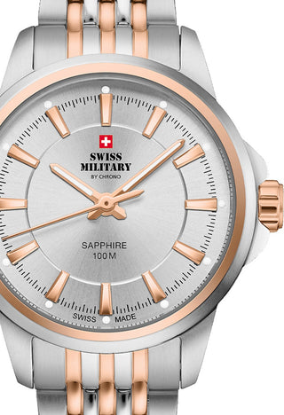 Front view of Swiss Military By Chrono SM34105.07 Silver Dial Rose Gold Stainless Steel Womens Watch on white background