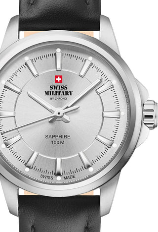 Front view of Swiss Military By Chrono SM34105.09 Silver Dial Black Leather Womens Watch on white background