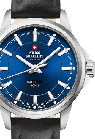 Front view of Swiss Military By Chrono SM34105.10 Blue Dial Black Leather Womens Watch on white background