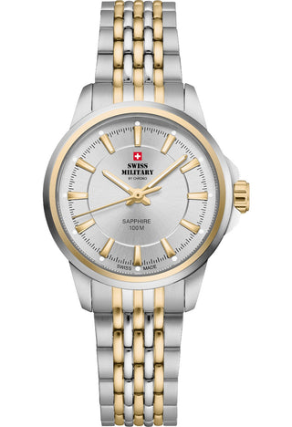 Angle shot of Swiss Military By Chrono SM34105.04 Silver Dial Gold Stainless Steel Womens Watch on white background