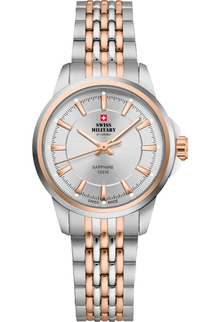 Angle shot of Swiss Military By Chrono SM34105.07 Silver Dial Rose Gold Stainless Steel Womens Watch on white background