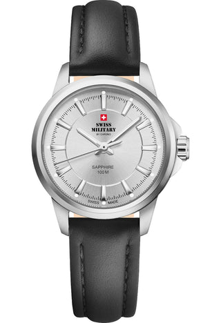 Angle shot of Swiss Military By Chrono SM34105.09 Silver Dial Black Leather Womens Watch on white background
