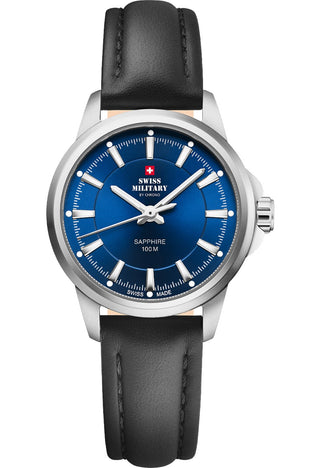 Angle shot of Swiss Military By Chrono SM34105.10 Blue Dial Black Leather Womens Watch on white background