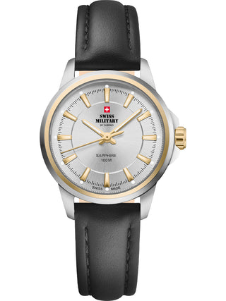 Angle shot of Swiss Military By Chrono SM34105.11 Silver Dial Black Leather Womens Watch on white background