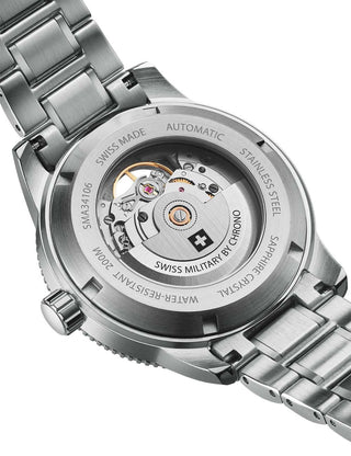 Angle shot of Swiss Military By Chrono SMA34106.12 Blue Dial Silver Stainless Steel Unisex Watch on white background