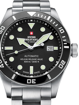 Front view of Swiss Military By Chrono SMA34075.01 Black Dial Silver Stainless Steel Unisex Watch on white background