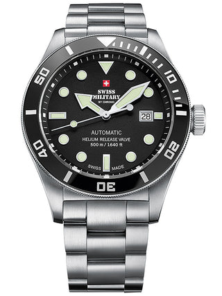 Angle shot of Swiss Military By Chrono SMA34075.01 Black Dial Silver Stainless Steel Unisex Watch on white background