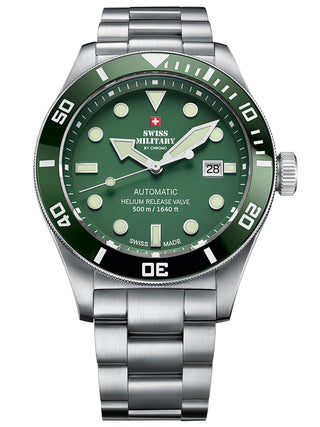 Angle shot of Swiss Military By Chrono SMA34075.03 Green Dial Silver Stainless Steel Unisex Watch on white background