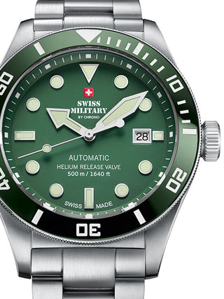 Front view of Swiss Military By Chrono SMA34075.03 Green Dial Silver Stainless Steel Unisex Watch on white background
