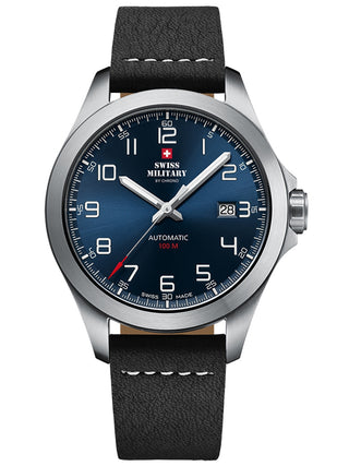 Angle shot of Swiss Military By Chrono SMA34077.02 Blue Dial Black Leather Unisex Watch on white background
