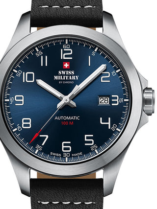 Front view of Swiss Military By Chrono SMA34077.02 Blue Dial Black Leather Unisex Watch on white background