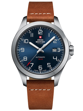 Angle shot of Swiss Military By Chrono SMA34077.03 Blue Dial Brown Leather Unisex Watch on white background