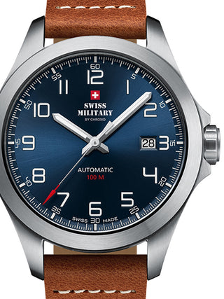 Front view of Swiss Military By Chrono SMA34077.03 Blue Dial Brown Leather Unisex Watch on white background