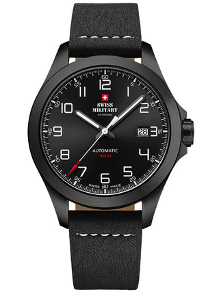 Angle shot of Swiss Military By Chrono SMA34077.04 Black Leather Unisex Watch on white background