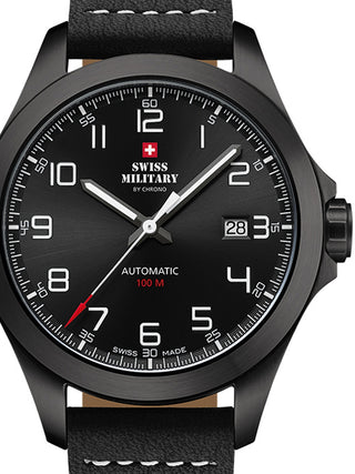 Front view of Swiss Military By Chrono SMA34077.04 Black Leather Unisex Watch on white background