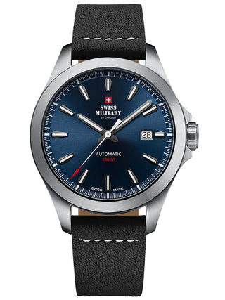 Angle shot of Swiss Military By Chrono SMA34077.08 Blue Dial Black Leather Unisex Watch on white background