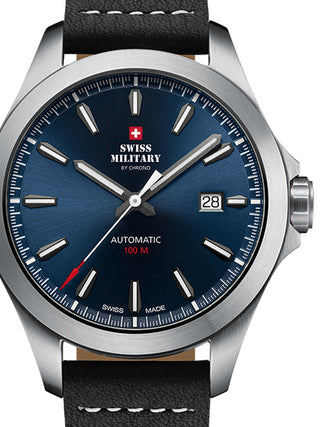 Front view of Swiss Military By Chrono SMA34077.08 Blue Dial Black Leather Unisex Watch on white background