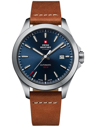 Angle shot of Swiss Military By Chrono SMA34077.09 Blue Dial Brown Leather Unisex Watch on white background