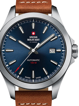 Front view of Swiss Military By Chrono SMA34077.09 Blue Dial Brown Leather Unisex Watch on white background