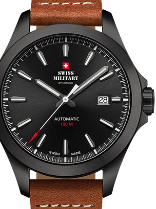 Front view of Swiss Military By Chrono SMA34077.11 Black Dial Brown Leather Unisex Watch on white background