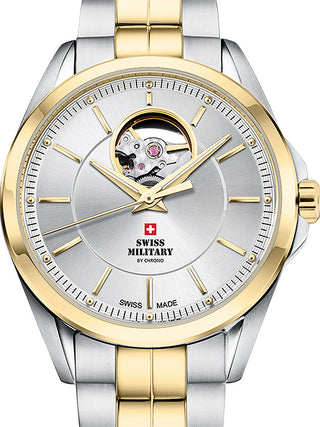 Front view of Swiss Military By Chrono SMA34085.26 Silver Dial Gold Stainless Steel Unisex Watch on white background
