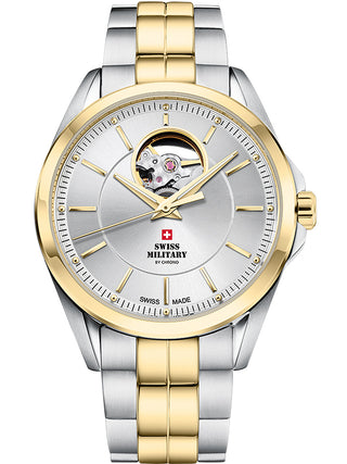 Angle shot of Swiss Military By Chrono SMA34085.26 Silver Dial Gold Stainless Steel Unisex Watch on white background