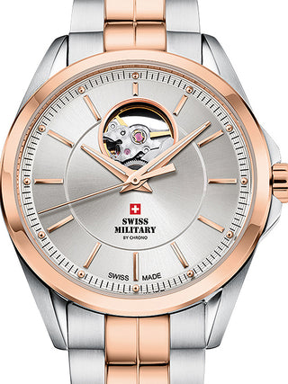 Front view of Swiss Military By Chrono SMA34085.29 Silver Dial Rose Gold Stainless Steel Unisex Watch on white background