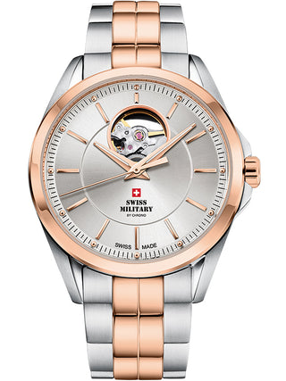 Angle shot of Swiss Military By Chrono SMA34085.29 Silver Dial Rose Gold Stainless Steel Unisex Watch on white background