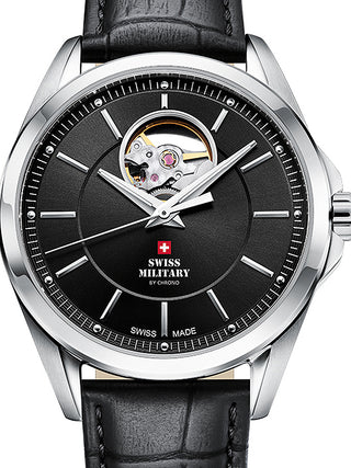 Front view of Swiss Military By Chrono SMA34085.33 Black Leather Unisex Watch on white background