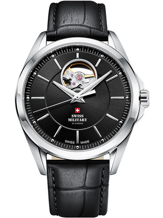 Angle shot of Swiss Military By Chrono SMA34085.33 Black Leather Unisex Watch on white background